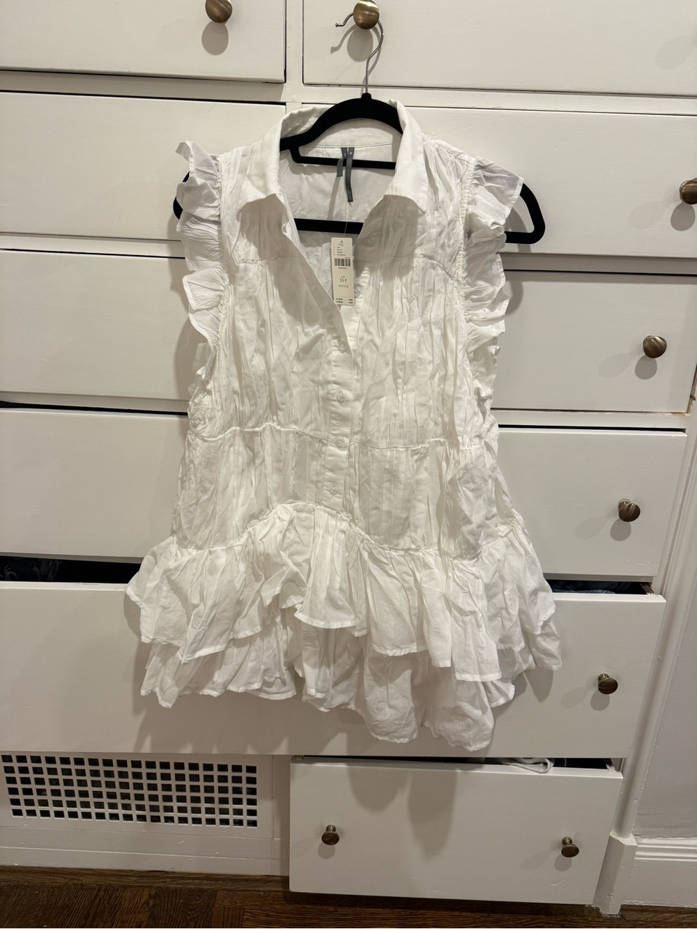 Women’s White Ruffle Button-Front Sleeveless Shirt Dress